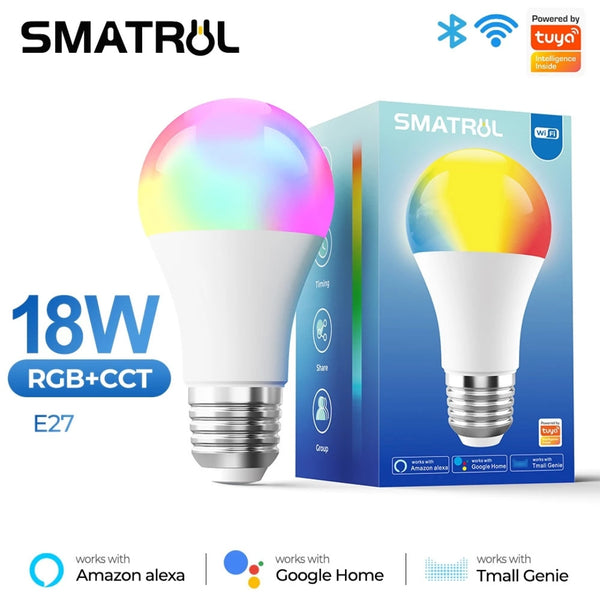 SMATRUL Lâmpada LED inteligente Wi-Fi E27 RGB 18W compatível com Google Assistant e Alexa - 20% OFF + FRETE GRÁTIS