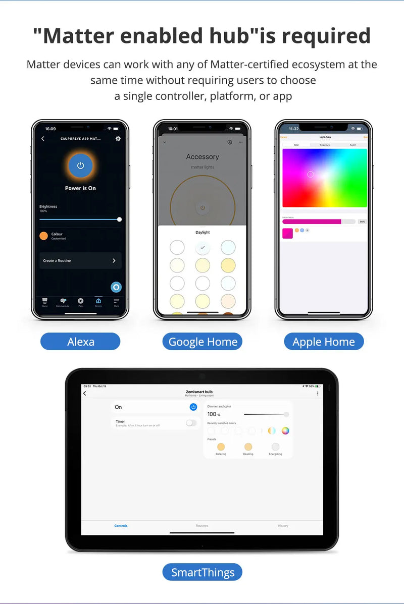 Lâmpada LED inteligente RGBCW E27 de 9W dimerizável Matter sobre Wi-Fi - Zemismart