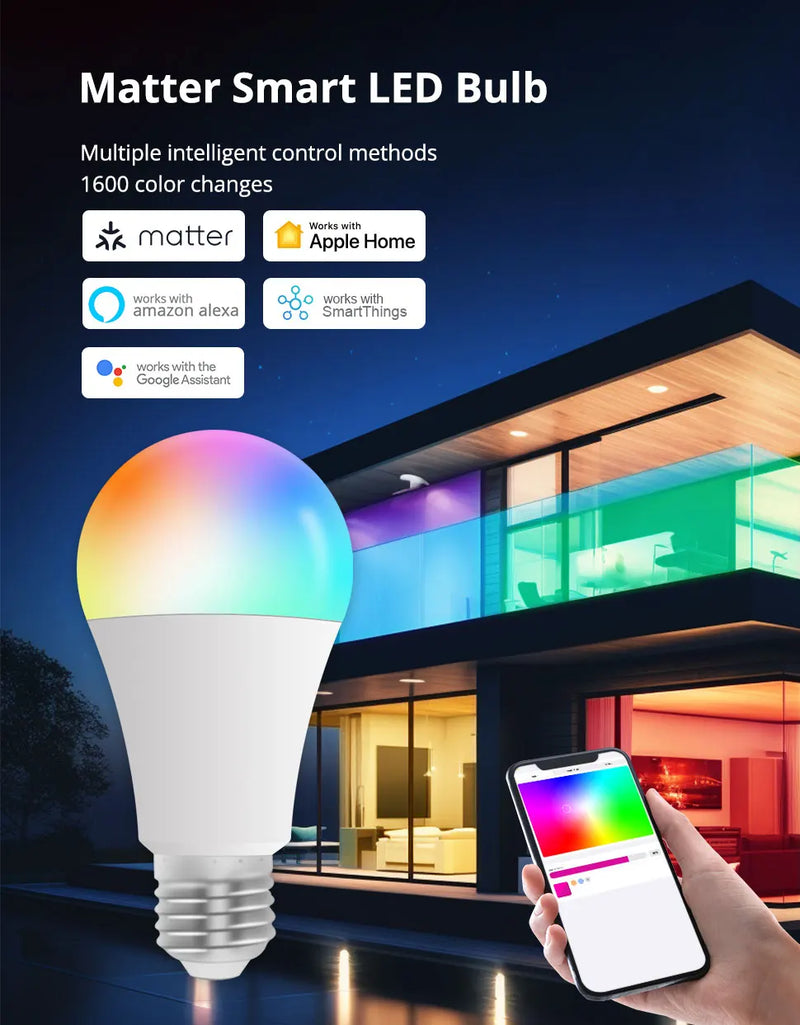 Lâmpada LED inteligente RGBCW E27 de 9W dimerizável Matter sobre Wi-Fi - Zemismart
