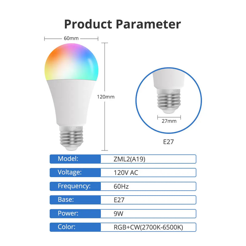 Lâmpada LED inteligente RGBCW E27 de 9W dimerizável Matter sobre Wi-Fi - Zemismart