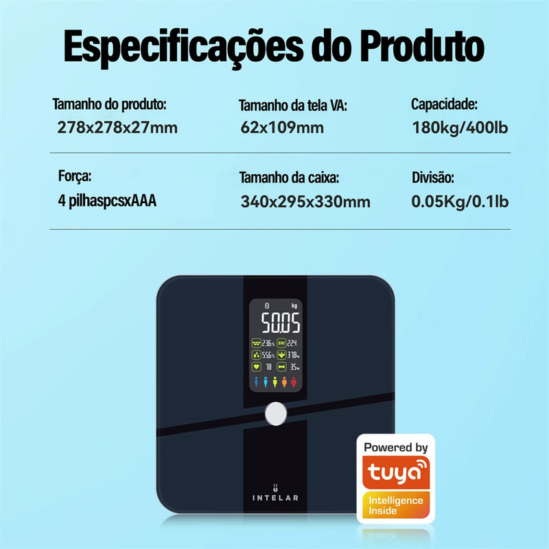 Balança de bioimpedância e peso corporal inteligente Bluetooth e Wi-Fi Intelar IR288