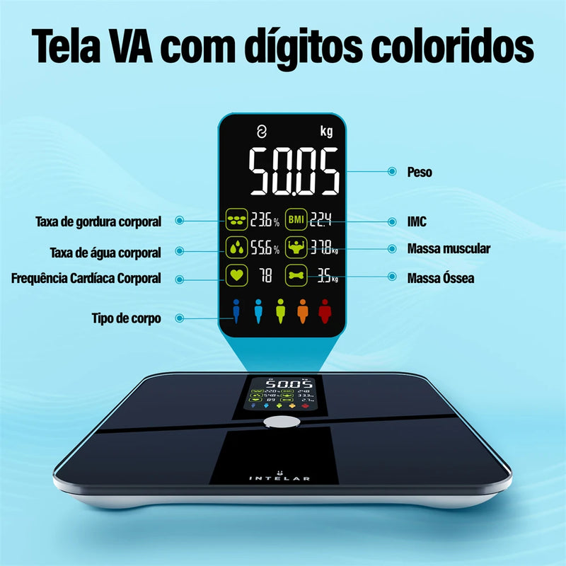 Balança de bioimpedância e peso corporal inteligente Bluetooth e Wi-Fi Intelar IR288